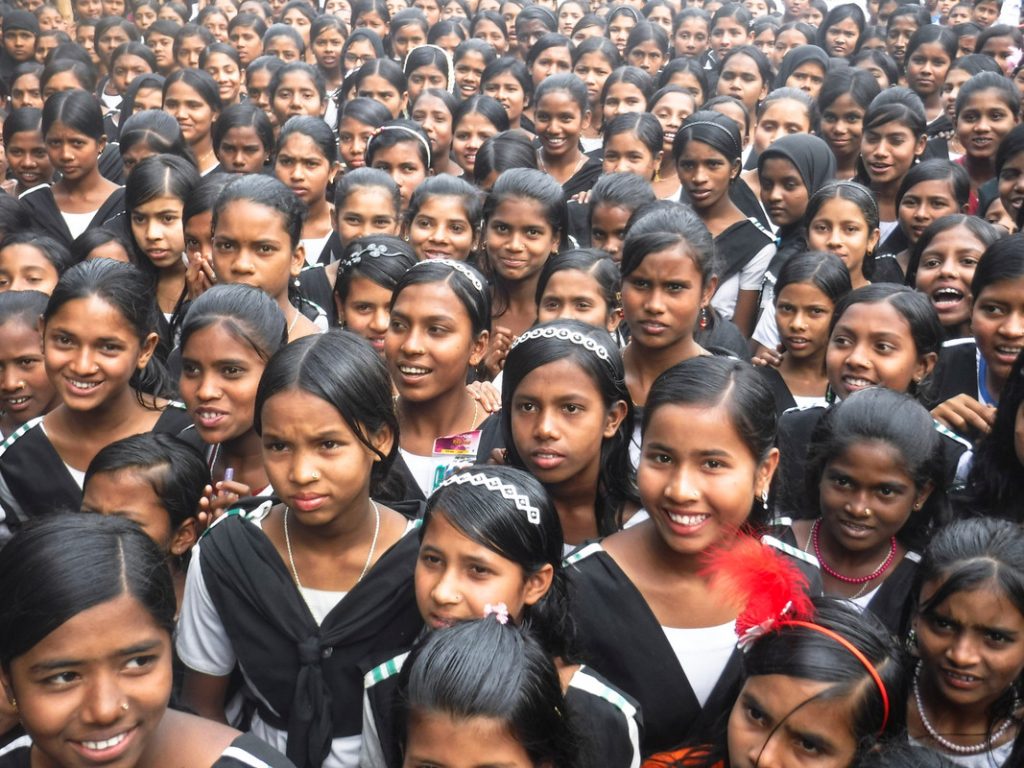 A large group of female students at Katakhali Public High School, Bangladesh